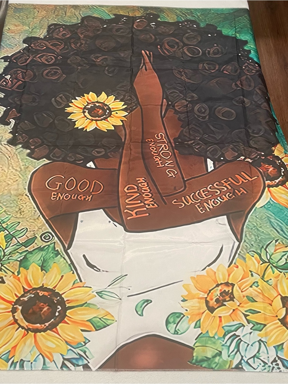 Sunflower Affirmation Party Tapestry - Brown Skin Tone 50” x 60”